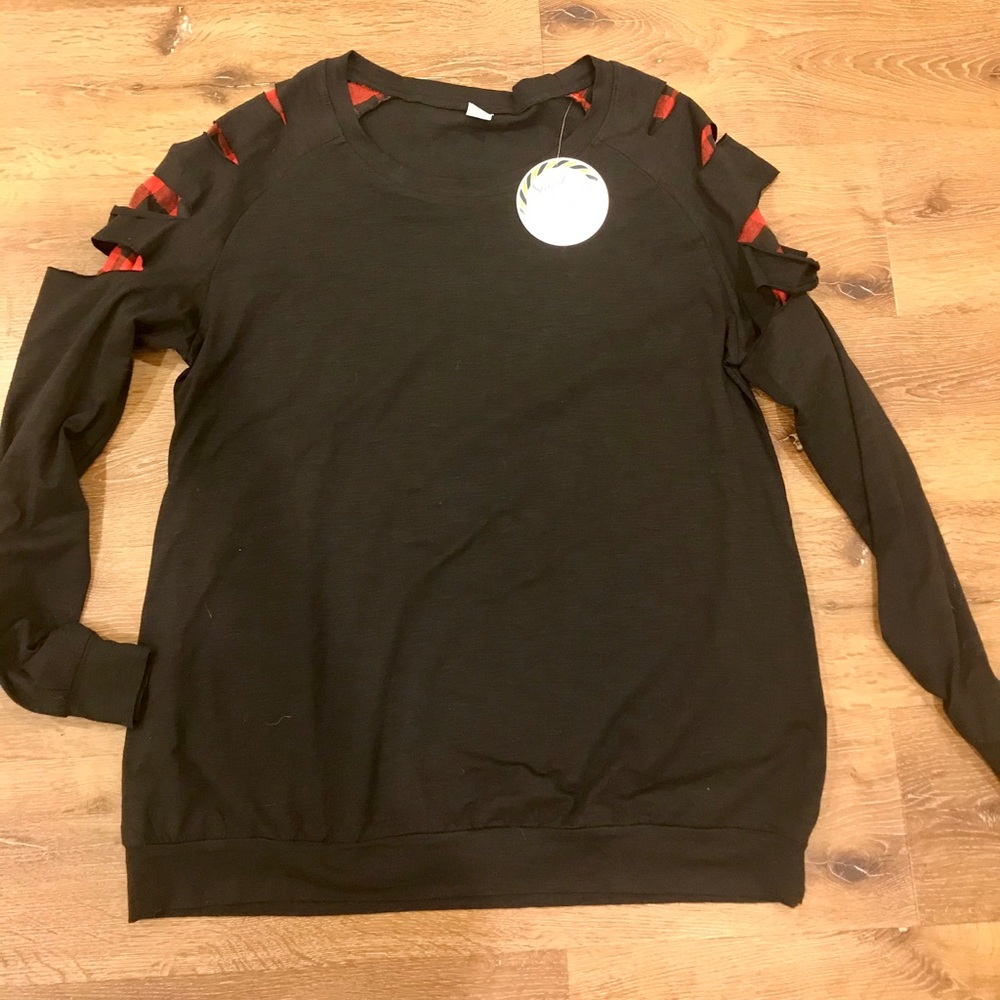 Black with Red and Black Buffalo Plaid Top